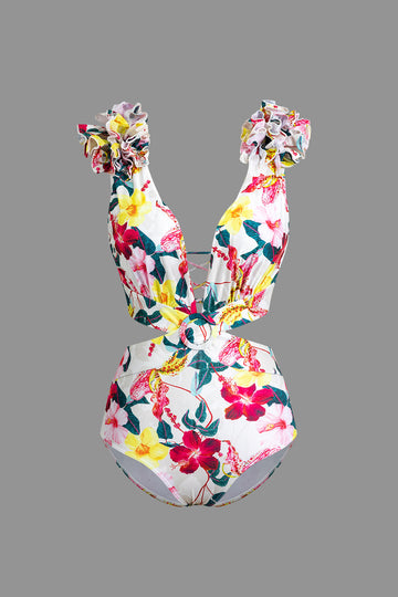 Floral Print Lace Up Tummy Control One-Piece Swimsuit