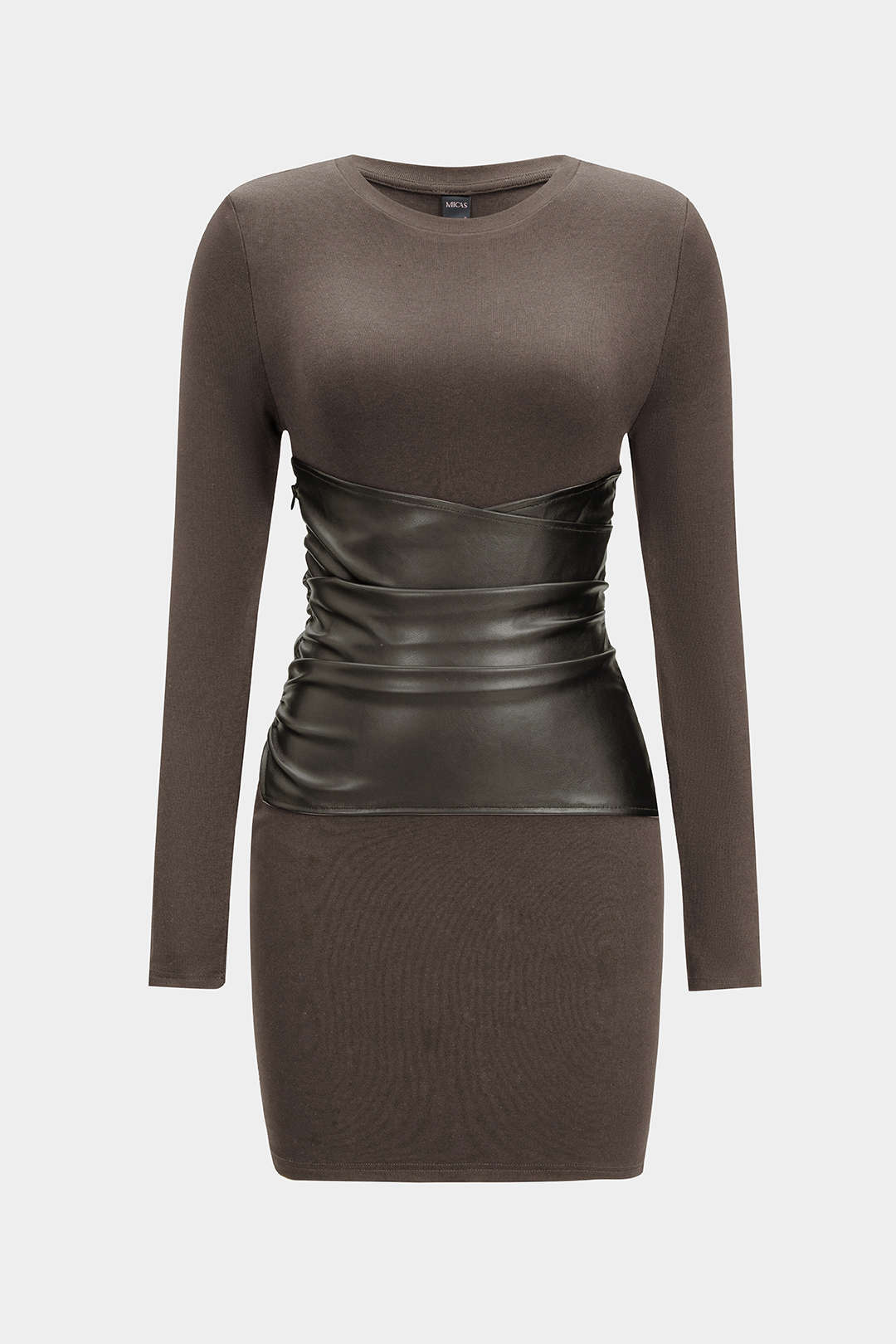 Faux lederen patchwork mini -jurk met lange mouwen