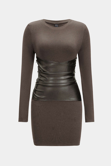 Faux lederen patchwork mini -jurk met lange mouwen