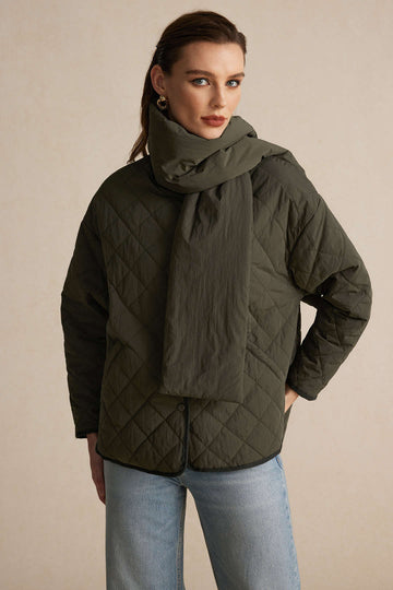 Padded Button Puffer With Scarf