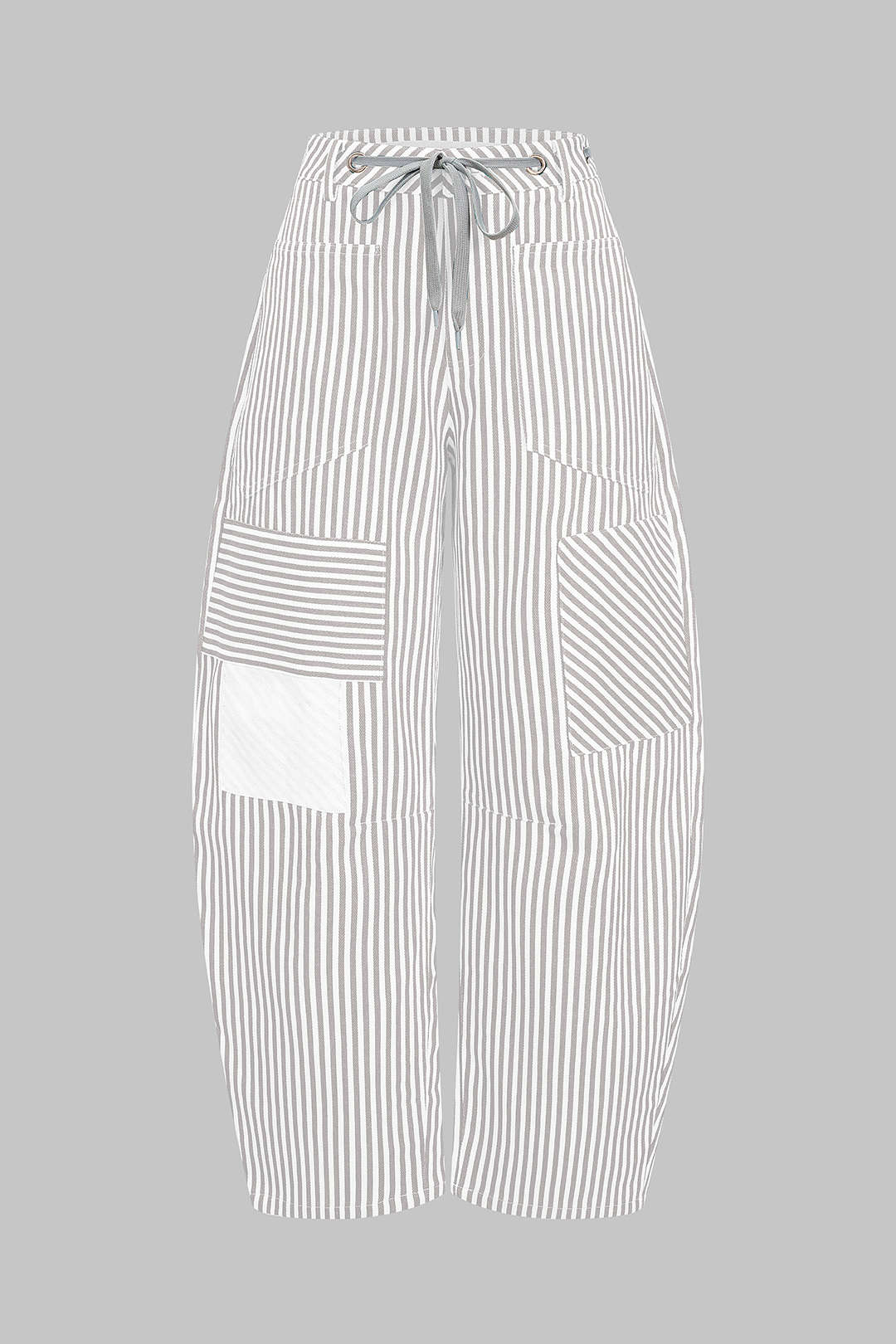 Stripe Print Pocket Drawstring Barrel Trousers