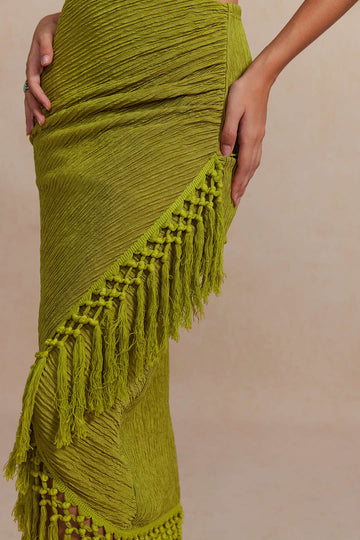 Solid Cowl Neck Top And Fringe Ruched Skirt Set