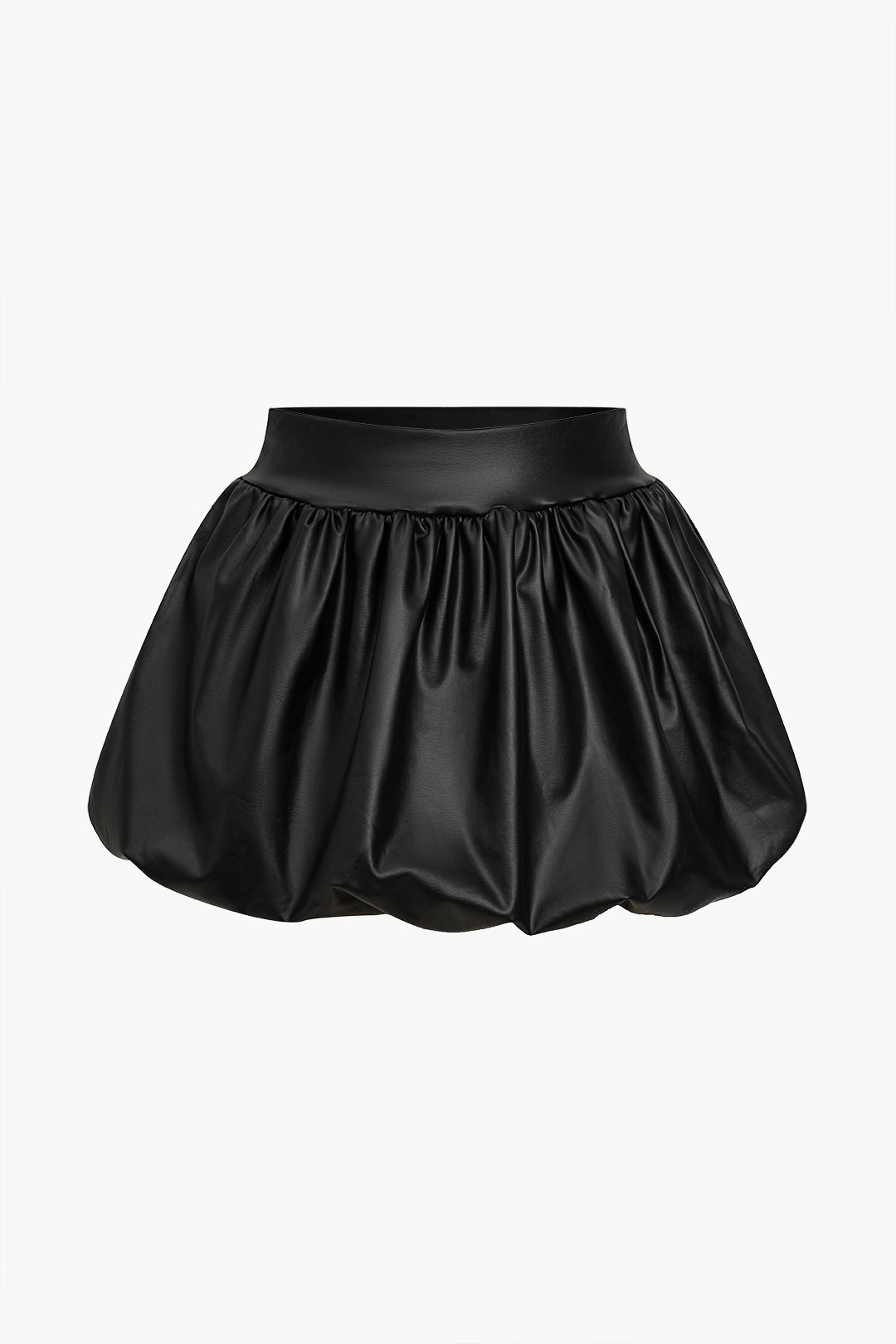 Solid Faux Leather Ruched Puff Skirt