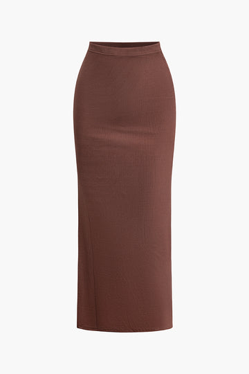 Ruffle Round Neck Sleeveless Crop Top And Split Maxi Skirt Set