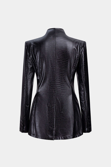 Crocodile Print Faux Leather V-Neck Pocket Jakcet