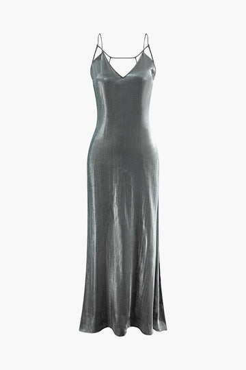 Metallic V-neck Backless Slip Maxi Dress