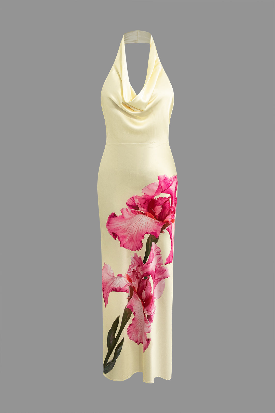 Floral Print Satin Cowl Neck Halter Backless Maxi Dress