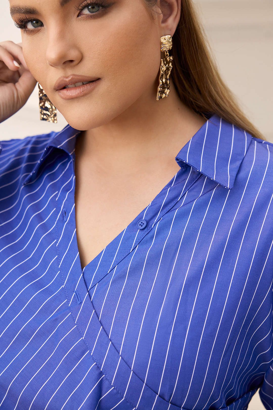 Plus Size Stripes Print Crossed Ruched Smocked Long Sleeve Mini Dress