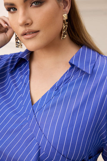 Plus Size Stripes Print Crossed Ruched Smocked Long Sleeve Mini Dress