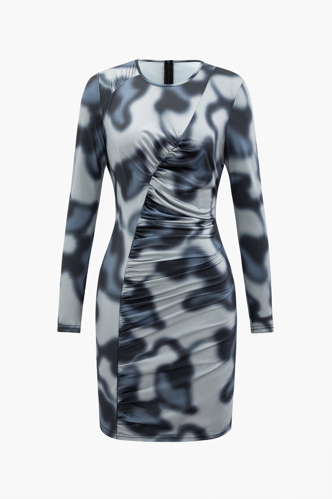 Abstract Print Round Neck Long Sleeve Ruched Mini Dress
