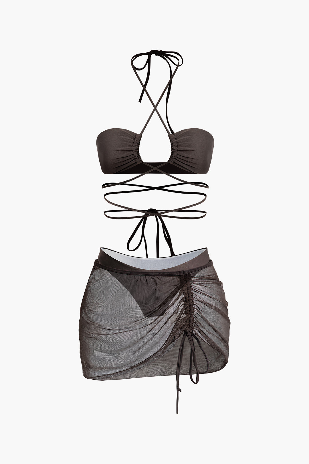 Tie Halter Ruched Bikini And Drawstring Skirt 3-Piece Sets