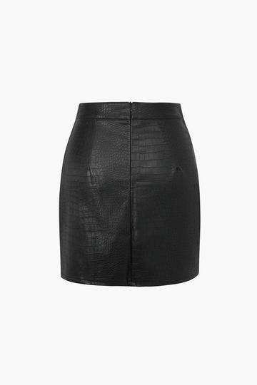 Croc-effect Leather Slit Mini Skirt