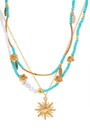 Sun Pendant Turquoise and Pearl Multi-Strand Necklace