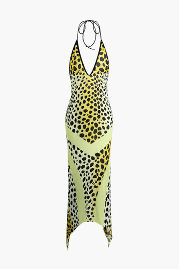 Leopard Print Halter Backless Midi Dress