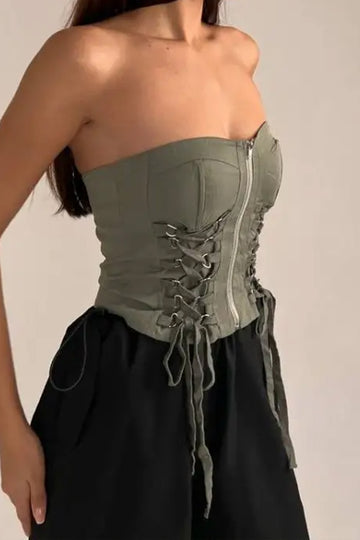 Cargo Lace-up Front Zipper Tube Top