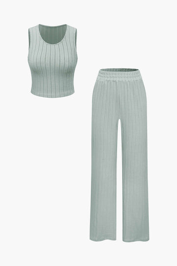 Basic Solid Knit Tank Top And High Waist Pants Set