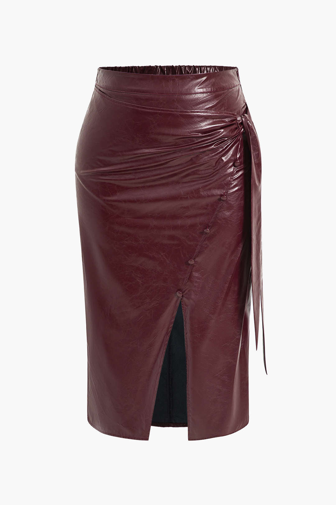 Plus Size Faux Leather Tie Front Button Skirt