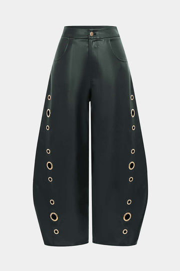 Faux Leather Metallic Zipper Hollow Out Ring Trousers