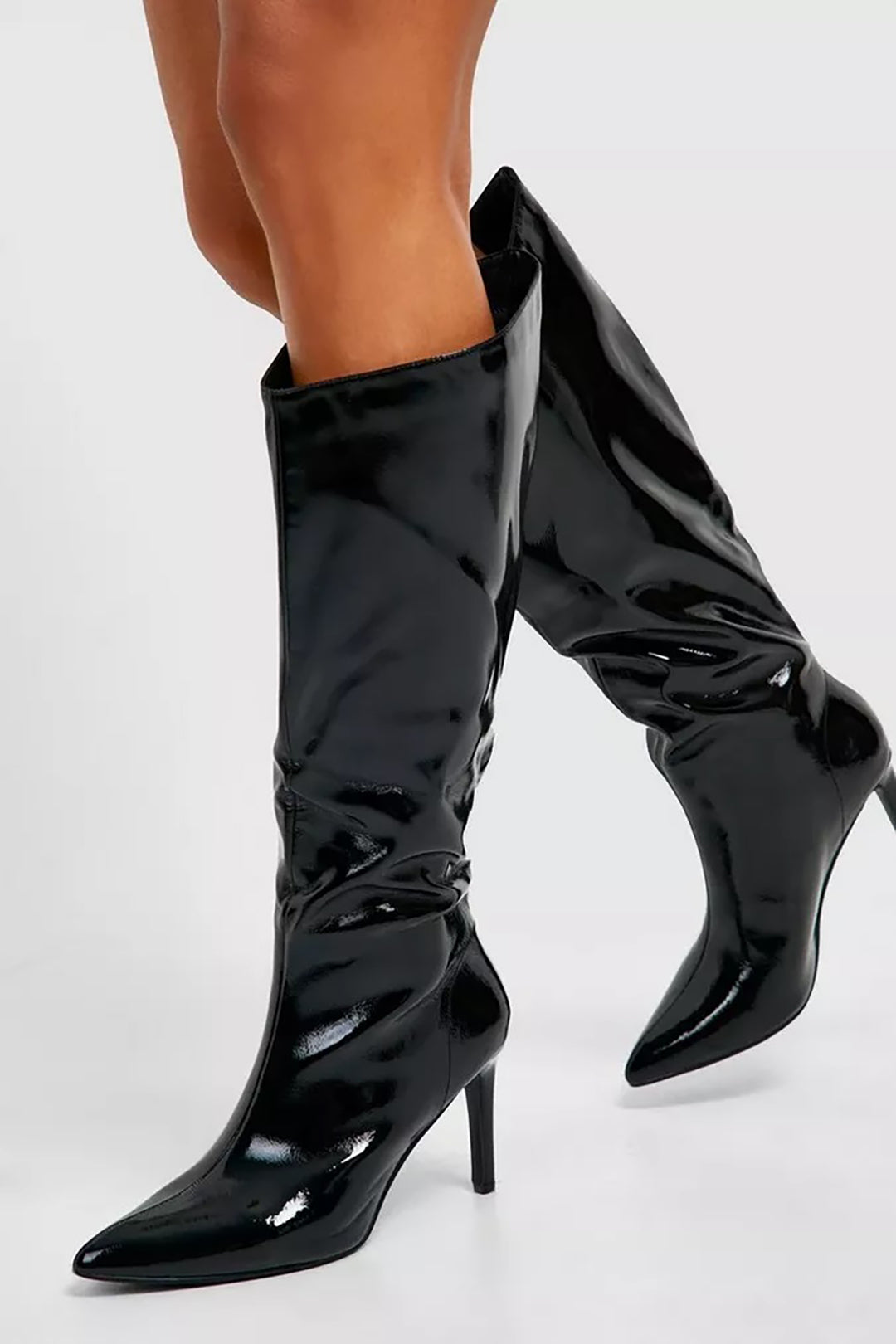 Patent Leather Knee High Pointed Heeled Boots