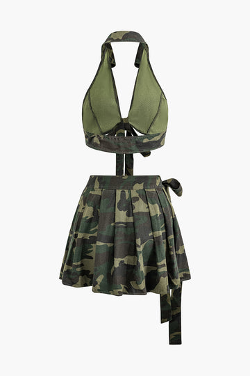 Camouflage Knot V-neck Backless Top And Pleated Mini Skirt Set