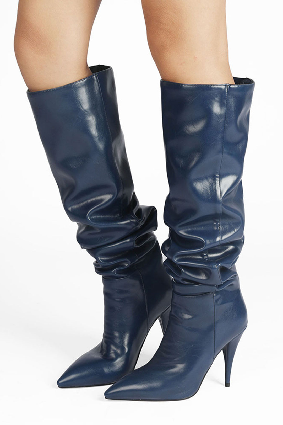 Ruched Faux Leather Pointed Toe Knee High Boots