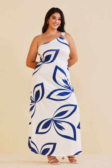 Plus Size Floral Print One Shoulder Maxi Dress