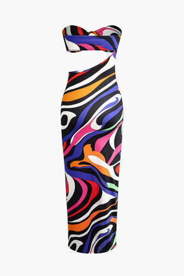 Abstract Print Cut Out Strapless Maxi Dress