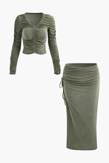 V-neck Ruched Long Sleeve Top And Tie Midi Skirt Set