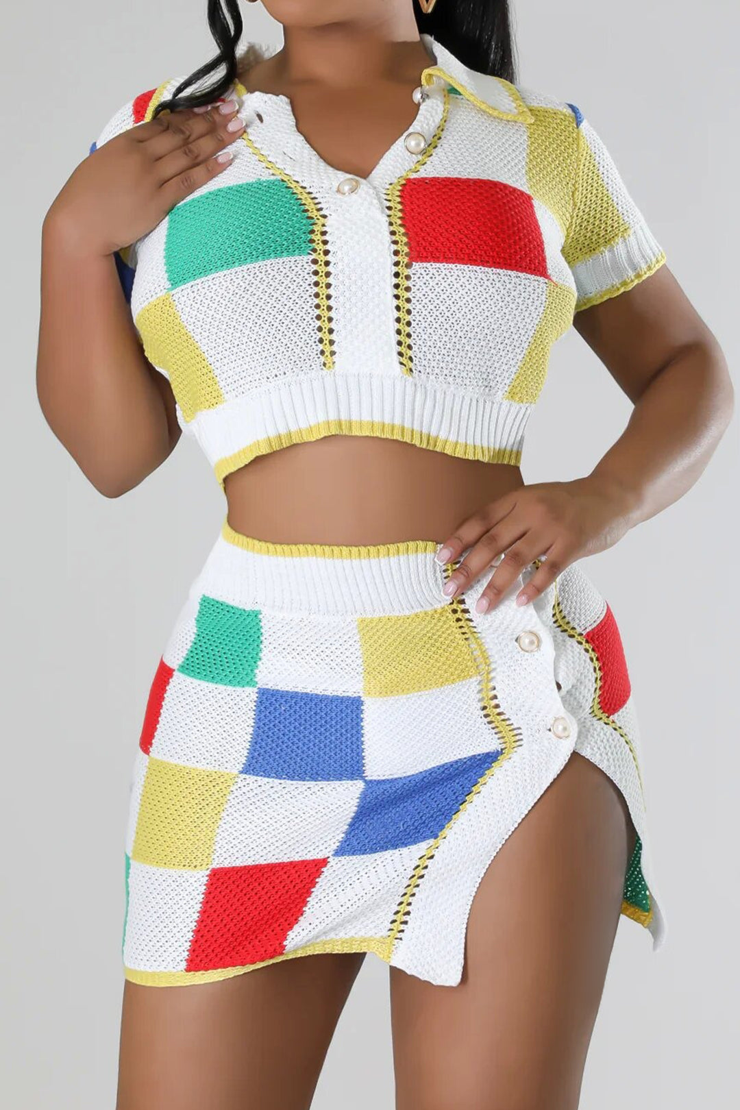 Color Block Knit Top and Split Mini Skirt Set