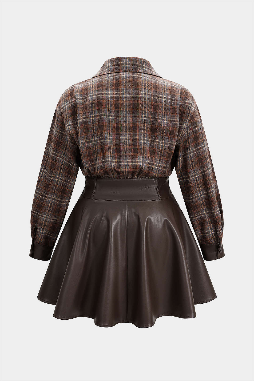 Plus Size Plaid Print Faux Leather Patchwork V-Neck Long Sleeve Mini Dress