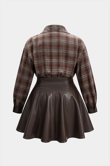 Plus Size Plaid Print Faux Leather Patchwork V-Neck Long Sleeve Mini Dress