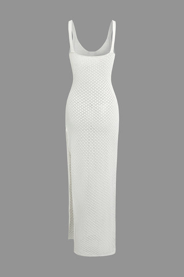 V-neck Hollow Out Knit Slit Maxi Dress