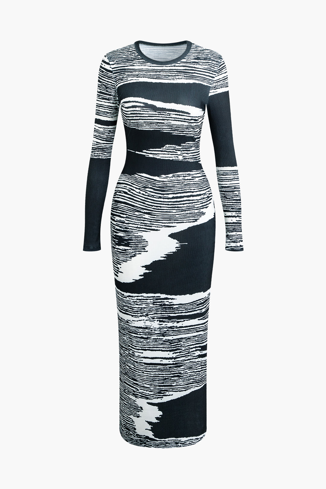 Abstract Print Round Neck Long Sleeve Maxi Dress