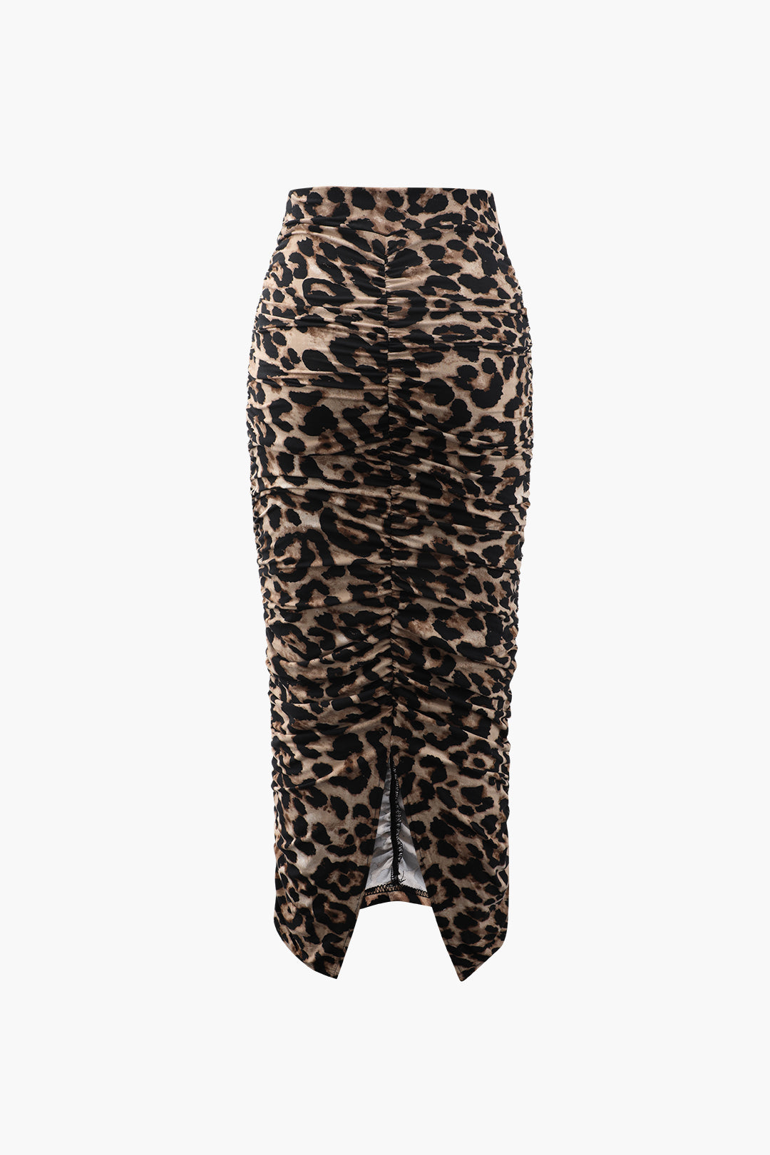 Leopard Print Ruched Slit Midi Skirt – Micas