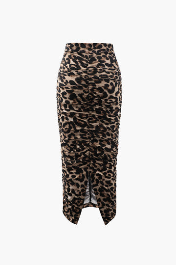 Leopard Print Ruched Slit Midi Skirt