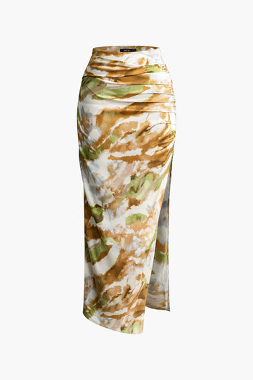 Abstract Print Ruched Split Maxi Skirt