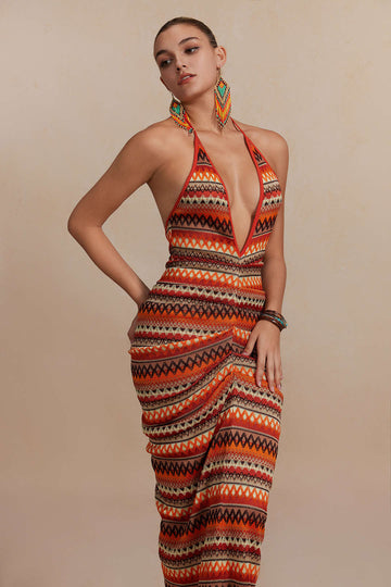 Zigzag Stripe Halter Backless Knit Maxi Dress