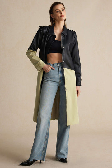 Contrast Faux Leather Patchwork Pocket Belted Coat