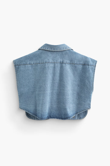 Asymmetric Button Up Flap Pocket Crop Denim Vest – Micas
