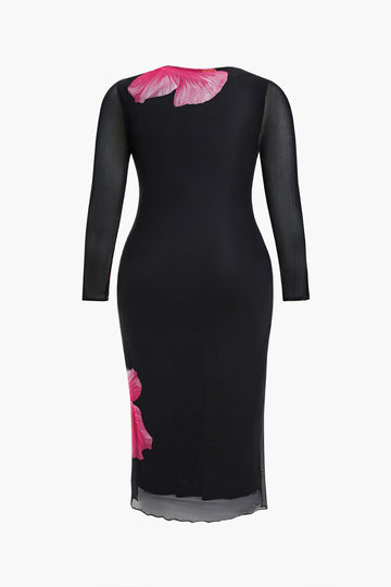 Kukka tulostettu mesh bodycon midi -mekko