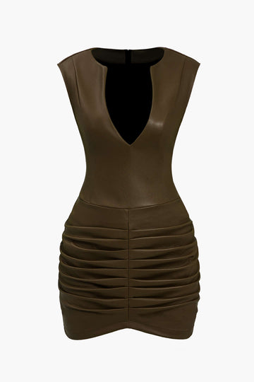 Ruched Faux Leather Bodycon Mini šaty s výstrihom do V