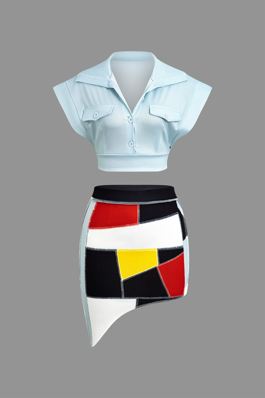 Solid Button-Up Crop Top And Color Block Patchwork Mini Skirt Set