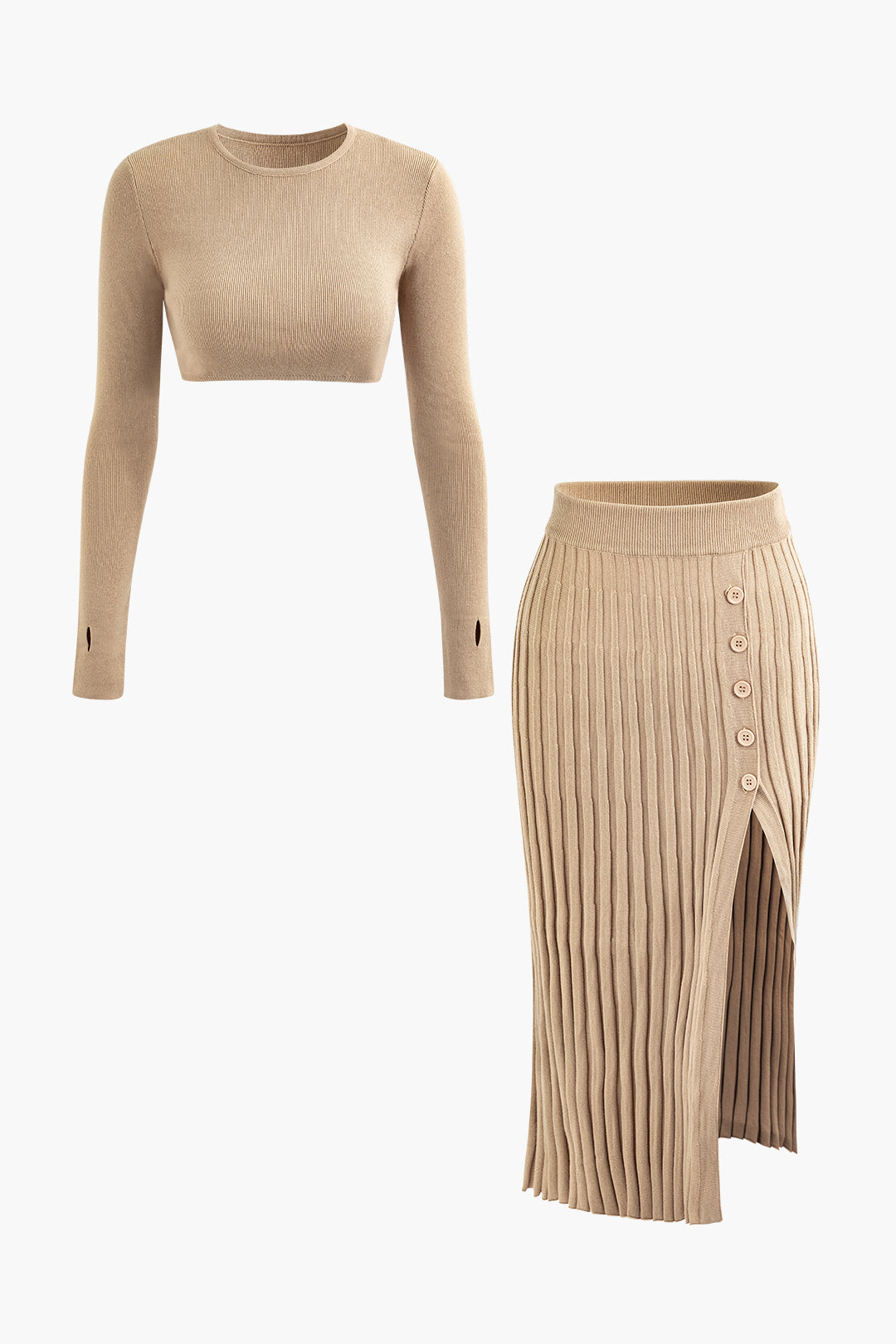 Round Neck Long Sleeve Knit Crop Top And Textured Knit Slit Skirt Set