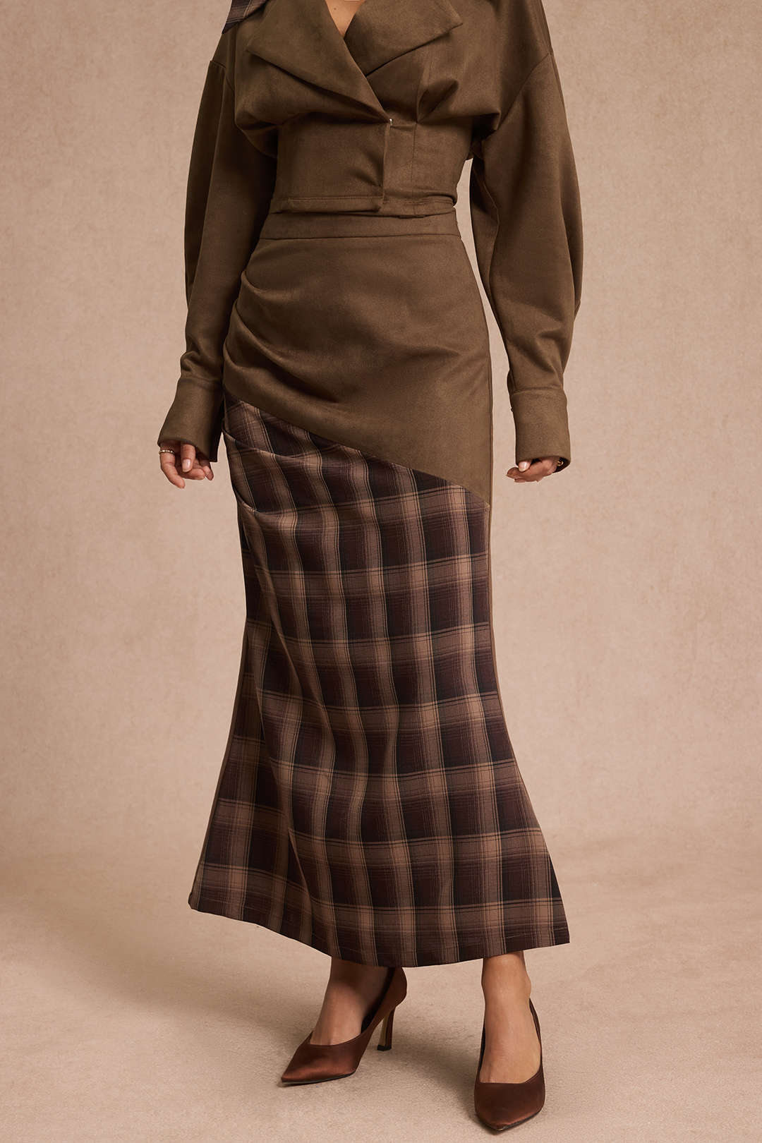 Suede Patchwork Plaid Print High Waist Skirt