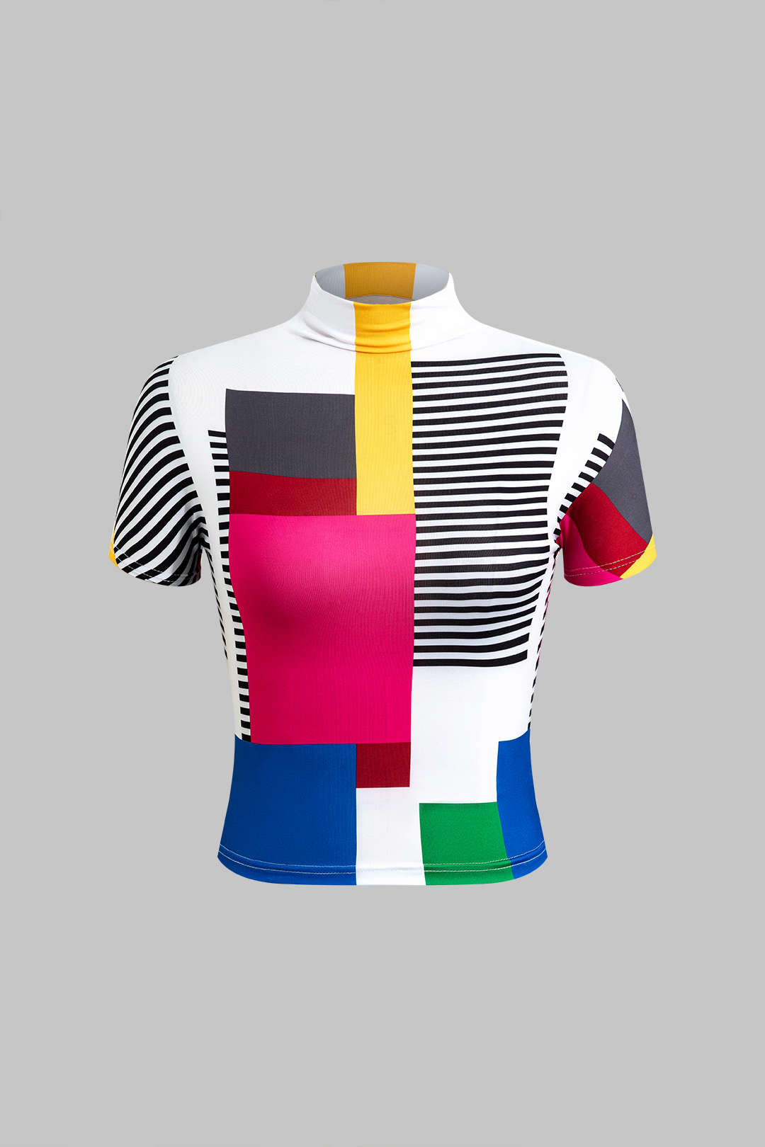 T-shirt met patchwork en kleurblokken met opstaande hals