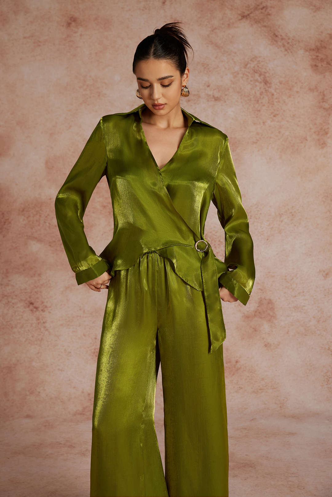 Solid Asymmetrical Shirt And Trousers Set