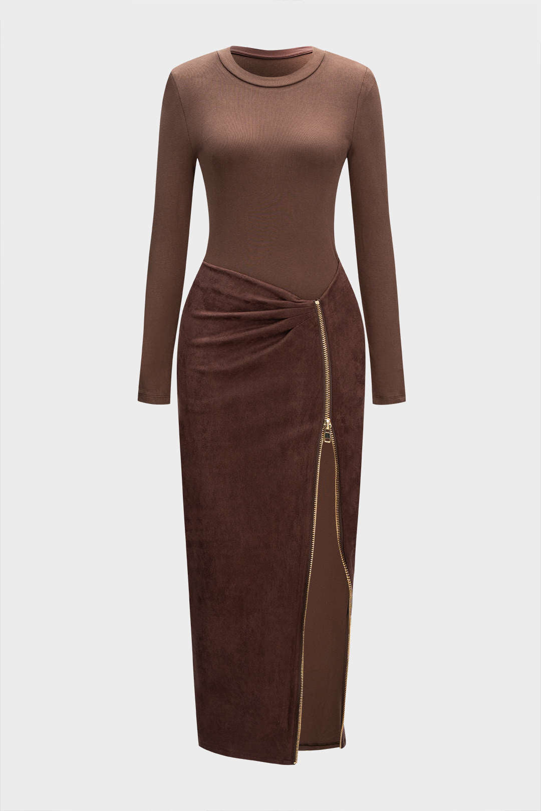 Round Neck Zipper Patchwork Long Sleeve Midi Dress