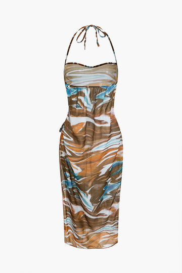 Abstract Print Tie Halter Bikini And Slit Midi Dress Swimsuit Set