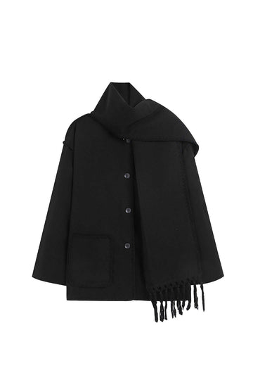 Contrast Trim Wool-blend Coat With Tassel Scarf