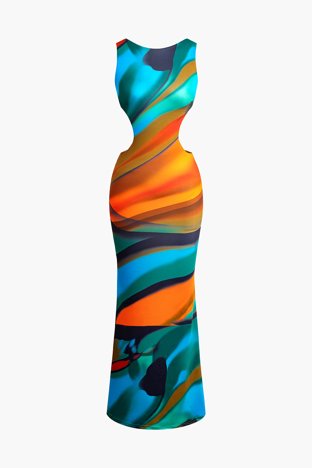 Vibrant Abstract Print Sleeveless Backless Maxi Dress